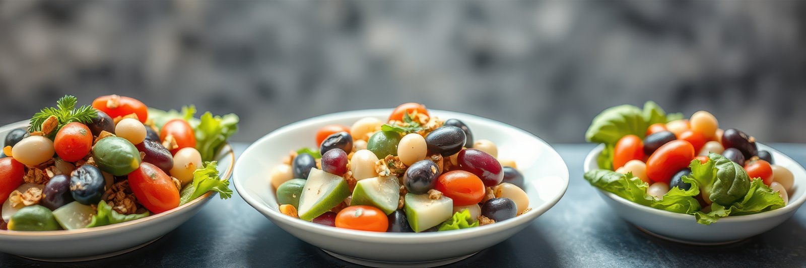 Colorful salad bowls filled with fresh vegetables and legumes on a dark background in a bright setting